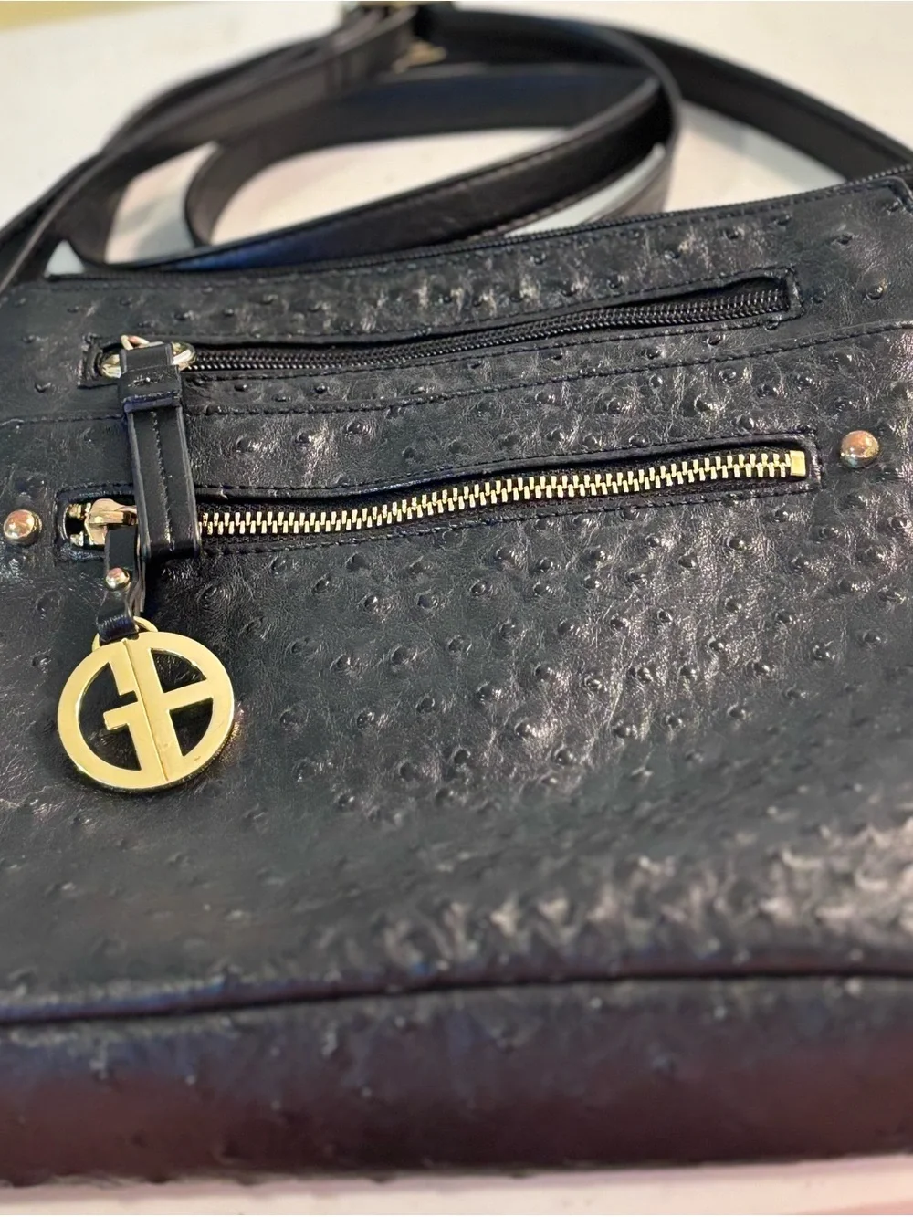Giani Bernini Black Embossed Faux-Ostrich Crossbody Bag